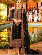 Pakistani Black designer inspired embroided chiffon party dress Shalwar Kameez 