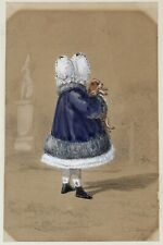 Young girl with Chihuahua ALFRED-ANDRE GENIOLE 1830s original signed watercolour