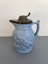 Antique Blue Moulded Stoneware Jug Pitcher Pewter Lid Staffordshire 1800s