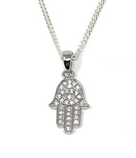 Sterling Silver Hamsa Pendant with Cubic Zirconias on a Sterling Silver Chain