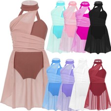 UK Girls Lyrical Mesh Dress Halter Chiffon Modern Ballet Dance Leotard Costume