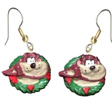 Christmas TAZ HOLLY WREATH EARRINGS Cute Tasmanian Devil Holiday Funky Jewelry