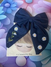 Beautiful Embroidered Floral Daisy Design Hair Bow Clip Navy Blue & White Gift