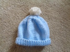 Doll / Teddy Bear Baby Blue Hand Knitted Bobble Hat with White Pom Pom