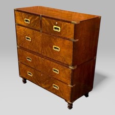 Antique Victorian Figured Walnut & Brass Campaign Chest of 5 Drawers