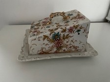 Antique Ceramic Cheese Keeper / Dish With Floral & Gult Pattern