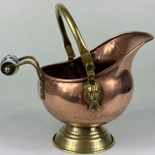 VINTAGE FRENCH COPPER & BRASS PLANTER WITH WHITE & NAVY FLORAL CERAMIC HANDLE