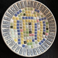 MCM Vintage Mosaic Pebble Dish Retro Japanese? Circular Silver Backed 8.5” Grey