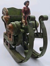 Antique Early 1900s Austrian German Hand Carved Painted Wood Figure/ Iron Sleigh