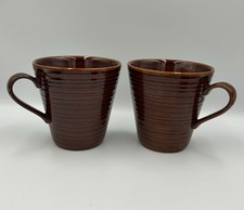 2 Vintage Stoneware Dark Brown Glazed Coffee Tea Mugs Rustic Cone Shape England