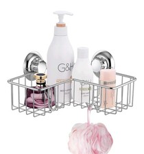 No-Drill Suction Cup Deep Corner Storage Basket with 4 Hooks - Stainless Steel