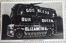 1953 Postcard - Illuminated Portsmouth bus `God Bless our Queen`