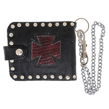 Real Leather Wallet with leather Iron Cross Bi-fold Wallet Belt Key Chain Biker