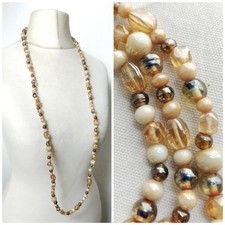 Vintage Long Iridescent Cream, Brown​ Glass  Beaded Necklace