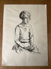 Original Pen Drawing by a Very competent Artist Girl Posing Signed Arthur Ward