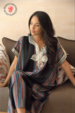 Handmade  Moroccan black kaftan with multi coloured stripes