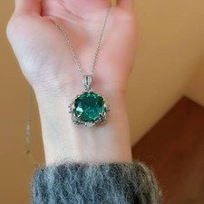 925 Sterling Silver Certified 4.25 Ct Emerald Pendant Green Necklace Gift For UK