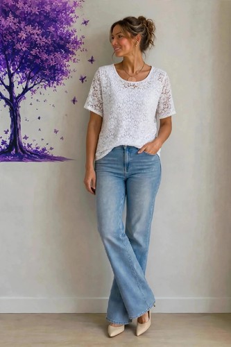 White sparkly floral lace top - white,