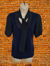MONSOON NAVY PULLOVER JUMPER SIZE UK 10 COTTON WOMENS MOCK TIE SPOT SHIRT BLOUSE