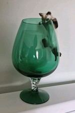 Vintage green brandy glass with ceramic cat that rests on it's rim