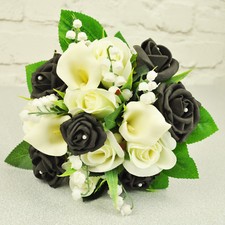 ARTIFICIAL SILK FLOWERS WEDDING POSY IVORY BLACK ROSE & MINI CALLA LILY 