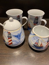 Vintage, Nautical Mugs Sugar And Milk Set With Sail Boats And Light Houses