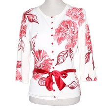 Kaliko White Red Floral Belted Cardigan Size 10 Ribbon Tie 3/4 Sleeve Stretch