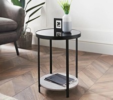 New Round Side Table Black Glass Top & Concrete Shelf Living Room Furniture  