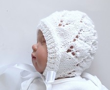 Baby Girl White Lace Hand Knitted Bonnet With Satin Ribbons 0.3 Months