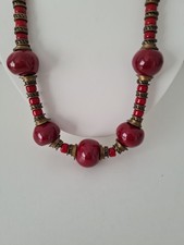 Brass Tones Chunky Deep Red Burgundy Ceramic Beaded Statement Necklace Corded