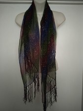 Ladies 100% Silk Multicoloured Neck Scarf With Gold Detail And Tassels