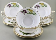 SPODE ENGLAND STAFFORD FLOWERS CREAM SOUP COUPES BOWLS & SAUCERS X 6 1ST MINT!