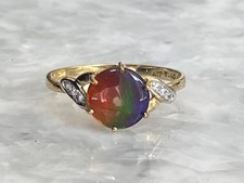 9ct Gold Ring - 9ct Yellow Gold Ammolite and White Sapphire Dress Ring Size U