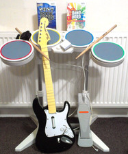 Wii/Wii U ROCK BAND WIRED DRUM SET COMPLETE, FENDER GUITAR, DONGLE +GAMES BUNDLE