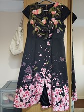 Ted Baker Black Peach Blossom Floral Print Belted Tulip Hem Dress SIZE UK 14