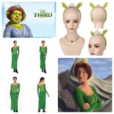 Shrek Princess Fiona Cosplay Green Velvet Dress+Hairband Crown Necklace Set