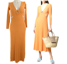 Sandro Midi Dress Cut Out Orange Rib Knit Long Sleeve Bruna V Neck BNWT Size XS