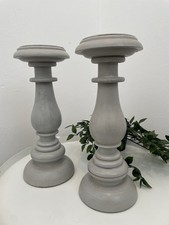 2 Painted Grey Pillar Candle Holders Distressed Wooden Cottage Farmhouse Pair