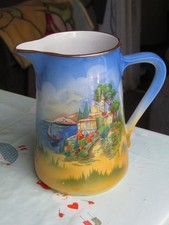 Vintage Ceramic Jug Colourful Blue Scenic 6" Tall Pottery Pitcher 1.25 Pint