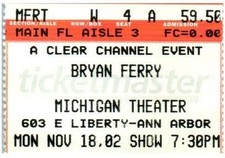 Bryan Ferry Mode Concert Ticket Stub November 18 2002 Ann Arbor Michigan