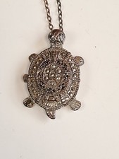 VINTAGE MiniatureTurtle Marcasite Watch Pendant & Silver chain13"