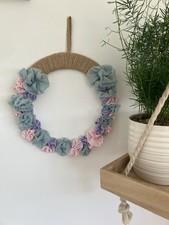 Handmade Wreath Indoor Wall Hanging Pink Blue Floral Farmhouse Rustic 11”