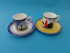 2 x Wedgewood 'Clarice Cliff' Summerhouse / Blue Firs Pattern Coffee Cans