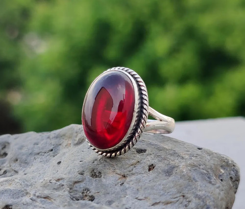 Deep red cabochon ruby ring - red,