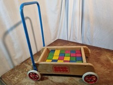 Vintage Good-Wood Push-Along Trolley with 24 Coloured Square Wood Blocks