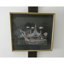 Vintage Thai Silk Wall Art Wat Arun Suphannahong Boat Framed Painting