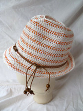White & Orange Striped Paper Straw Trilby Sun Hat with Wooden Beads 56-57cms NEW