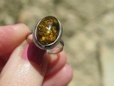 Green Amber Oval Silver Ring