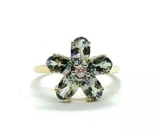 10CT Gold Aquamarine & White Topaz Flower Ring - Size N