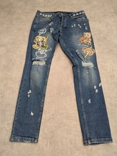 Y2 Dnm Jeans Mens W32 L30 Dark Destooyed Denim Distressed Streetwear Bear Art